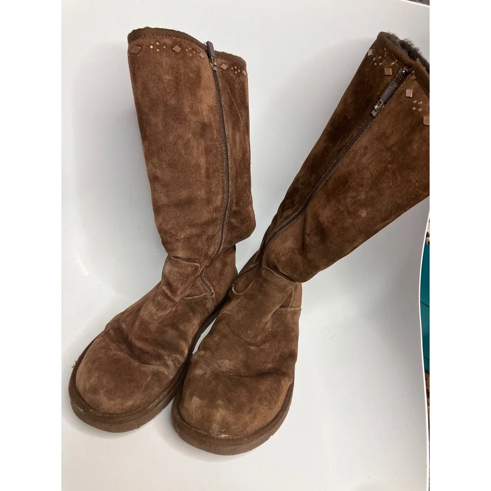 UGG Tall Suede Boots Womens 8 Brown Good Studded Metallic Zip Up 5544 winter
